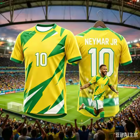 Kids Brazil Soccer T-Shirt Neymar #10 Geometric Pattern Player Portrait Breathable Quick Dry Trainin