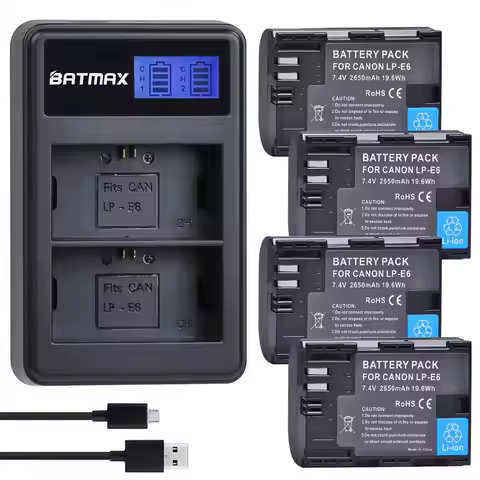 Batmax 2650mAh LP-E6 LP-E6N Rechargeable Batteries+Charger for Canon EOS R5,R6,R7,EOS 5DS R,5D Mark 