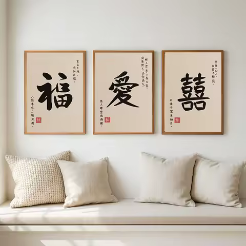 3PCS--Traditional Chinese Calligraphy Blessing Good Luck Inspirational Quote Zen Canvas Painting Pos