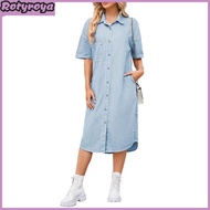 Denim Dress for Women Short Sleeve Jean Dress Button Down Lapel Shirt Dress Summer Midi Shift Dress 