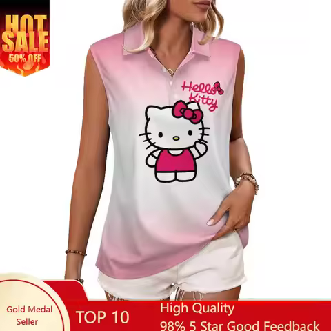 Hello Kitty Tank Top Womens Sanrio Cartoon Sleeveless Polo Shirt Breathable Tshirt Fashion Vest Cute
