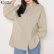 ZANZEA เสื้อเบลาส์แขนตะเกียงลำลองสไตล์เกาหลีเสื้อแฟชั่นสีทึบคอปกเสื้อ #8
