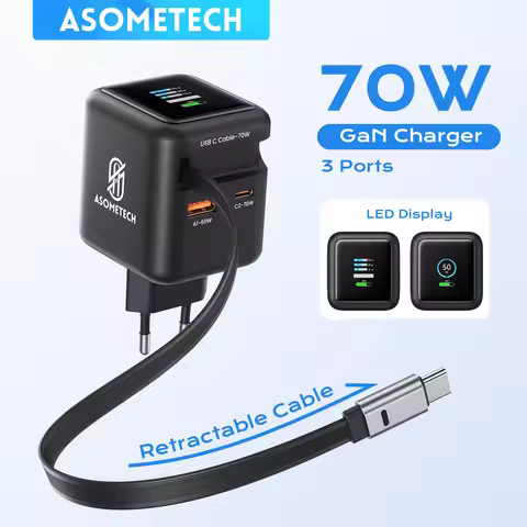 70W GaN USB Charger with Type C Retractable Cable PD3.0 QC4.0 PPS 3 Ports Fast Charger for iPhone 17