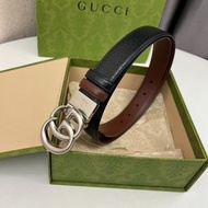 💥現貨💥復古高級感古馳雙G啞光釦荔枝紋雙面可用男士皮帶 | GUCCI Double G Buckle Reversible Pebbled Leather Men's Belt | 銀色金屬釦 | 