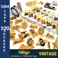 BujoWorld VINTAGE 100PC Sticker + 10M News Washi Tape - 3 Design  Cottage Core Theme - Destination /