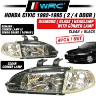 Honda Civic 1992-1995 EG6 EG9 SR4 ( 2 / 4 Door ) Diamond ( Glass ) Headlamp ( Black ) With Clear Cor