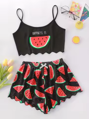 Watermelon Lettuce Women Pajama Set Sleeveless O Neck Crop Top & Elastic Waist Shorts 2 Pieces Femal