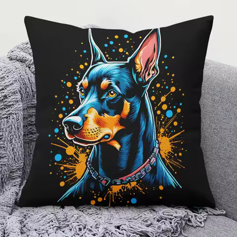 Doberman Dog Art Pillow Cover 2D Printed Polyester Sofa Cushion Case – Vibrant Pet Portrait for Home