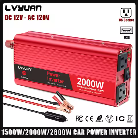 DC 12V AC 120V 1500W/2000W/2600W Peak Power Inverter 2US Sockets USB Charge 60Hz Car Power Voltage C