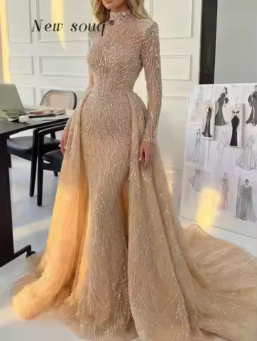 Champagne Heavy Beaded High Neck Long Sleeves Evening Dresses With Detachable Train Customized Dubai