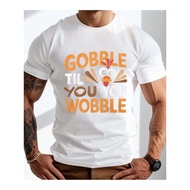 Men's Funny Turkey T-Shirt with "Gobble Till You Wobble" Slogan - Plus Size Casual Crew Neck Short S