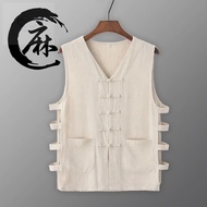 READY STOCK  Musim Panas Kasual Linen Vest Kapas Dan Baju Dalam Lelaki Retro Buckle Chinese Mandarin