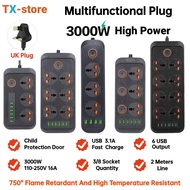 3 & 8 Way Extension Socket with 6 USB Black Extension Socket  3000W High Power 2 Meter