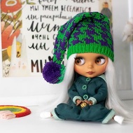 Green hat for Blythe, Pullip doll, knitted cap, doll accessories, 娃娃针织衣服, 娃娃帽