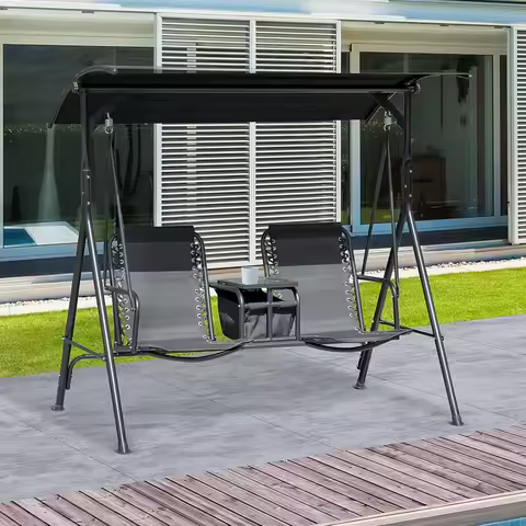 2-Seat Patio Swing Chair, Outdoor Canopy Swing Glider with Pivot Storage Table, Cup Holder, Adjustab
