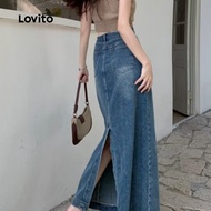 Lovito Casual Denim Skirts Split Back Spring/summer Blue Denim Skirts for Women LNE113086 Lovito Ski