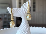 金色眼淚 天然海水珍珠 南洋金珠 純銀耳環