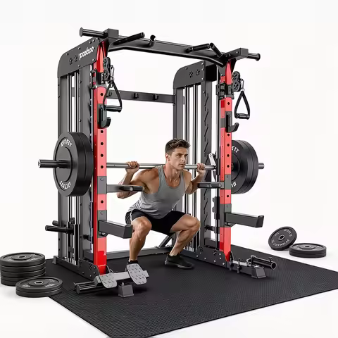 Pooboo Power Cage Smith Machine with 2000LB Squat Rack Cable System | LAT Pulldown and Dual Pulley C