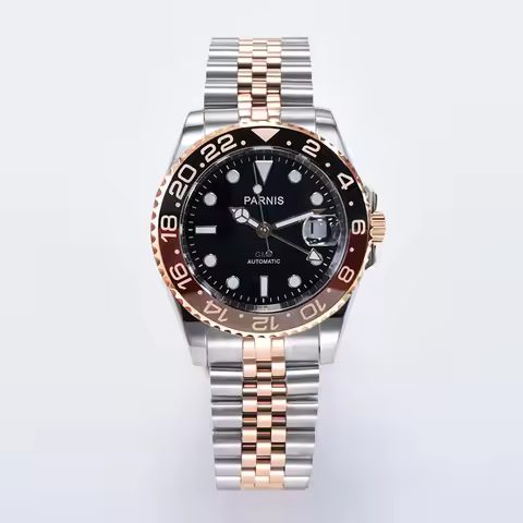 PARNIS Two Tone Rose Gold Root Beer GMT Mechanical Men Watch Calendar Date Bracelet Ceramic Insert T
