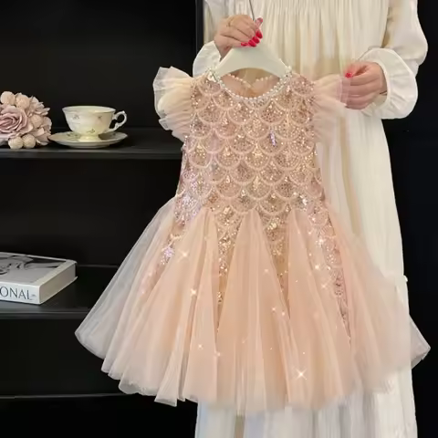 Children's Dress Mesh Sequins Kids Summer Dress For Christmas Party Night Birthday Prom Clothing Gir