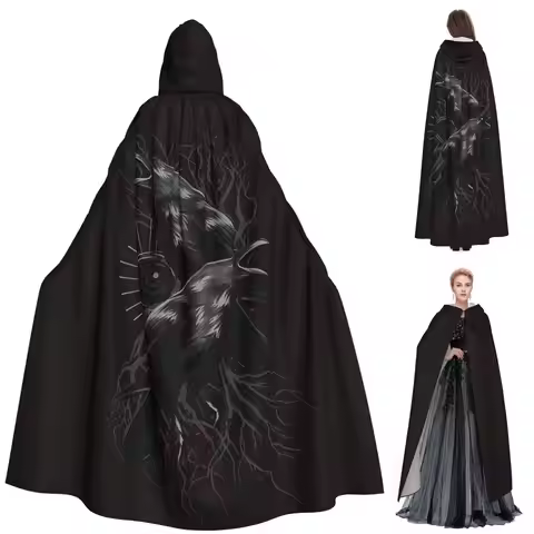 Odin's Yggdrasil Raven Of Wisdom Long Hooded Cloak Witch Medieval Costume Cosplay Cape HalloweenVamp