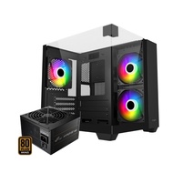 FSP S190 TRIPLE GLASS M-ATX PC CASE / CASING WITH 5 ARGB FANS - BLACK / WHITE