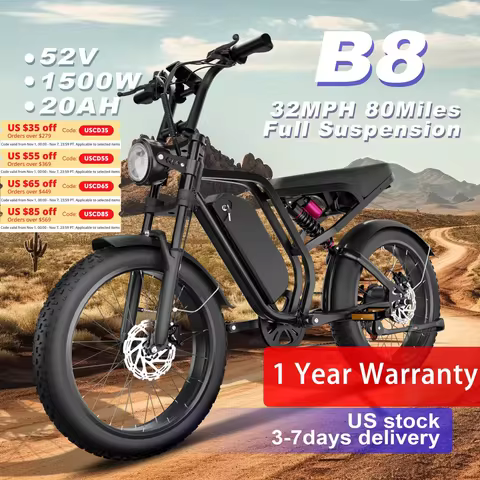 Moobelo B8 Full Suspension 7-Speed E-Bike 52V 1500W Powerful Motor 32MPH Max Speed 80-Mile Long Rang