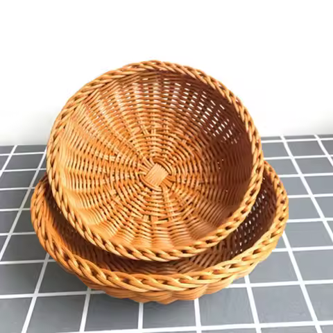 22cm/25cm Round Natural Fruit Baskets Food Storage Bowl Decorative Rattan Wicker Serving Basket For 