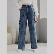TOPTEM Cargo Six pocket Wide Leg Seluar Jeans Perempuan Acid Wash Cargo Premium Quality