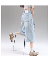 กางเกงยีนส์ผู้หญิงทรงหลวมตรงแบบรีโทร 7/8 สำหรับฤดูร้อน