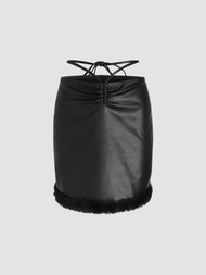 Cider Leather Waist Tie Mini Skirt