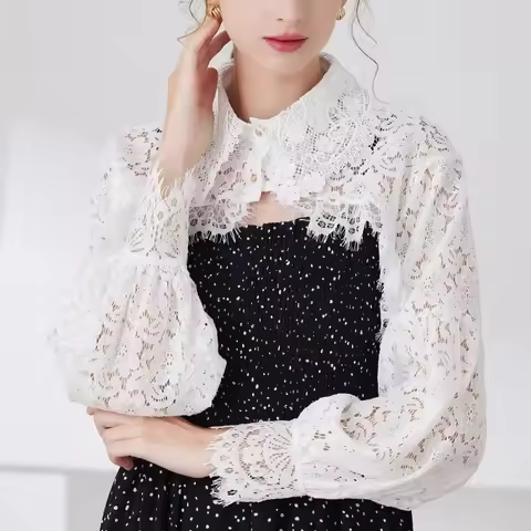 Lace Shrugs Long Sleeves Sweater Bolero Collar Crop Tops Women Button Under Knit Shirt Without Tube 
