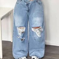 Theloveshegives Plus Size Women Blue Asymmetrical Waistline Ripped Wide-Leg Denim Pants 4th Of July 