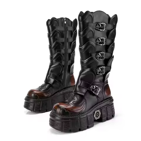 Handmade Leather Biker Boots, Punk - Style Platform Knee - High Combat Boots