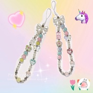 Lovely Pink Bear Heart Shaped Beaded Mobile Phone Lanyard Wrist Strap Handmade Polymer Clay Ceramic 