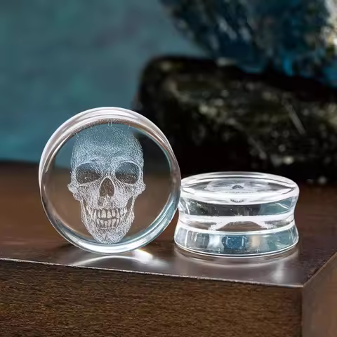 1 Pair Stylish Glass Skull Saddle Plugs - Ear Gauges Expander Tunnels Stretched Ears Piercing Body J
