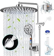 12" Round Shower Head Rain Shower Head with Handheld Dual Filter for Hard Water 10 Setting Handheld Showerhead Built-in 2 Power Wash with 12" Extension Arm &amp; Extra Handheld Shower Cartridge