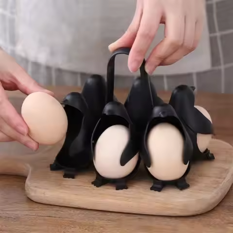 Penguin Egg Steamer & Refrigerator Egg Holder Set 6pcs Electric Egg Cooker with Storage Rack Stackab