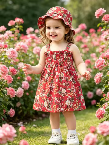 Cottagecore Floral Smocked Girls Cami Dress Set, Matching Printed Bucket Hat Toddler 2Pcs Summer Out