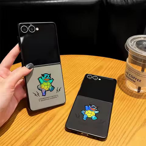 Anime Squirtle Laser Leather Texture Phone Case For Samsung Galaxy Z Fold 7 6 5 4 Zfold7 Zflip6 Zfli