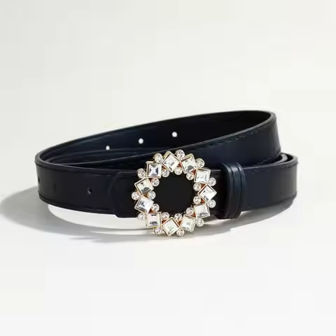 Hollow Alloy with Diamonds Belt Vintage Rhinestone Buckle Suede Belt for Women Casual Versatile PU W