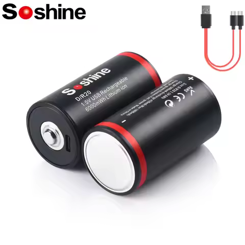 Soshine 1.5V 6000mWh Lithium Battery USB 6000mWh D Size Batteries Li-ion Rechargeable Batteries for