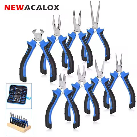 NEWACALOX 8Pcs Jewelry Pliers Set Mini Pliers Set with Wooden Base/Tool Bag Needle Nose Pliers, Wire