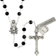 Catholic Rosary Beads with Silver Tone Our Lady of Grace Centerpiece, Graduation Cap and Jet Black Beading, Religious Graduate Gifts for Teenage Boys and Girls, 20 Inches