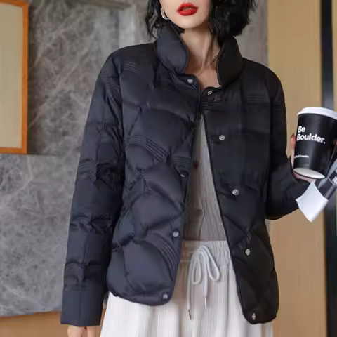 Women's Winter Short Down Jacket Stand Collar Plaid Solid White Duck Down Coat Lady Puffer Jackets m