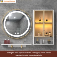 kingdom Bedroom Bathroom Wall-mounted Modern Smart White Light + Defogging Double Touch Round Mirror + Side Cabinet with In-cabinet Atmosphere Light Combination Mirror Cabinet Makeup Washstand Multi-functional Mirror Cabinet