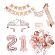 33Pcs 21st Crown Sash Birthday Decorations For Her Including Rose Gold 21st Birthday Sash, Crown, Ca