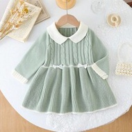 Baby Girl Colorblock Knitted Dress With Bowknot Decor, Elegant Baby Girl Knit Dress Baby Girl Collar