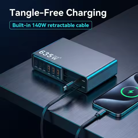 8-in-1 635W GaN Fast Charger with 140W Retractable USB C Cable Charging Station for iPhone 17 Samsun