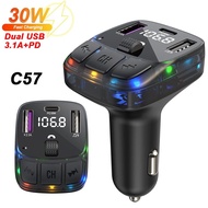 30W Fast Charging 1 Drag 3 2USB+1PD Type C Car FM Bluetooth 5.3 Transmitter Charger MP3 C56 C57
